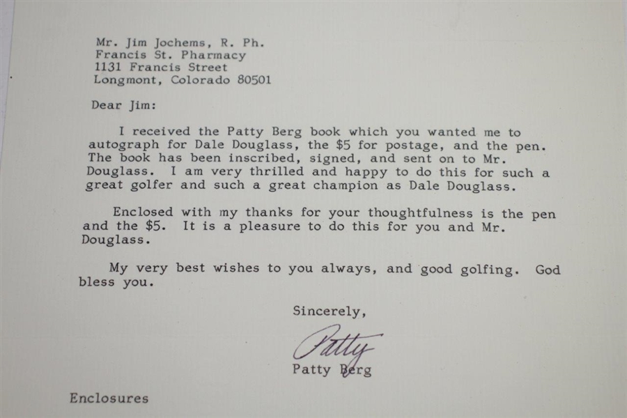 Patty Berg Signed 4/22/1987 Letter on Personal Letterhead JSA ALOA