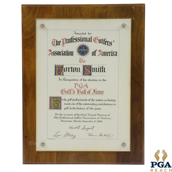 Horton Smiths Original 1958 PGA Golf Hall of Fame Induction Award Plaque