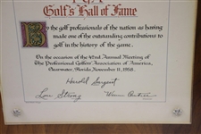 Horton Smith's Original 1958 PGA Golf Hall of Fame Induction Award Plaque