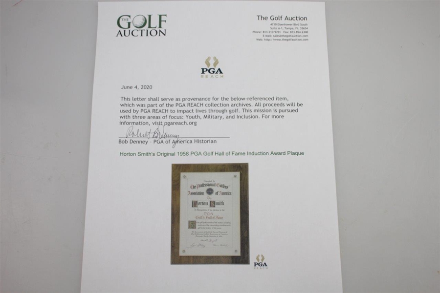 Horton Smith's Original 1958 PGA Golf Hall of Fame Induction Award Plaque