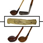 Canvas Golf Bag with Burke Juvenile Driver, Matt Keogh Brassie, Spalding & Bros 2 Wood, Folsoms Special Ladies Putter