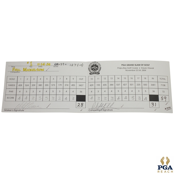 Phil Mickelsons Personal Used 2004 Grand Slam of Golf Official Winning Scorecard - Shot Career Best 59 -JSA ALOA