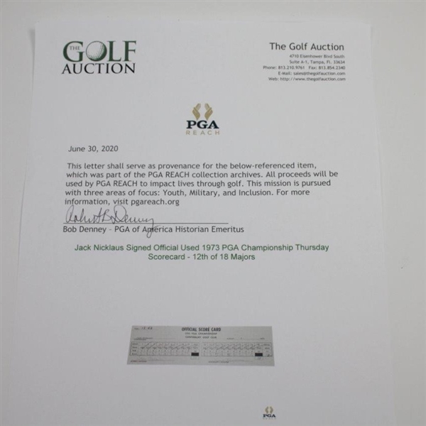 Jack Nicklaus Signed Official Used 1973 PGA Championship Thurs. Scorecard - 12th of 18 Majors Passes Bobby Jones - JSA ALOA