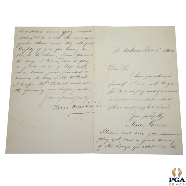 Old Tom Morris Signed Feb. 3, 1904 St. Andrews Stationary "Playing a good bit of golf lately" JSA FULL #BB53952