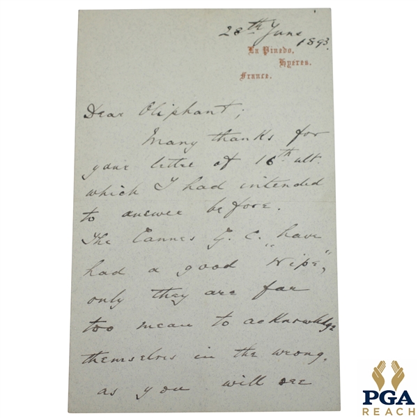 1893 Handwritten Letter to Oliphant from Corbett Regarding Ruling at Cannes Golf Club - June 28th