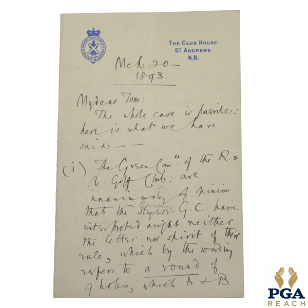 1893 Handwritten Letter from H.S.C. Everard on St. Andrews Stationary Regarding Ruling at Cannes Golf Club - March 20th