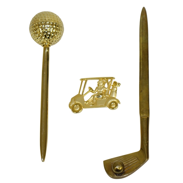 Gold Colored Golf Theme Letter Openers w/ Golf Cart Pin 