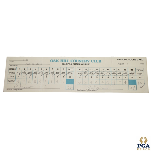Jack Nicklaus Signed Official Used 1980 PGA Championship Saturday Scorecard - 17th of 18 Majors JSA ALOA