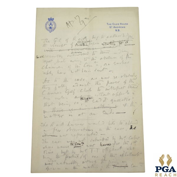 1893 Handwritten Letter from H.S.C. Everard on St. Andrews Stationary Regarding Ruling at Cannes Golf Club - April 17th