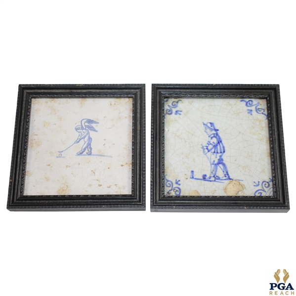 Two Delft Golf Decorated Porcelain Tiles with Black Frames