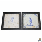 Two Delft Golf Decorated Porcelain Tiles with Black Frames