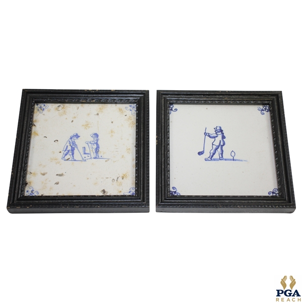 Two Delft Golf Decorated Porcelain Tiles with Black Frames