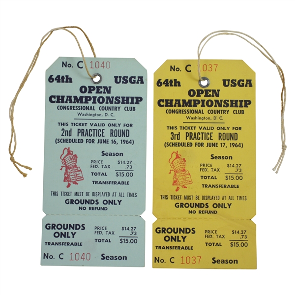 1964 US Open at Congressional Unused 2nd & 3rd Practice Day Tickets - Ken Venturi Winner