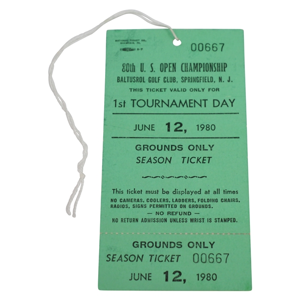 1980 US Open at Baltusrol Unused 1st Tournament Day Ticket - Jack Nicklaus Winner
