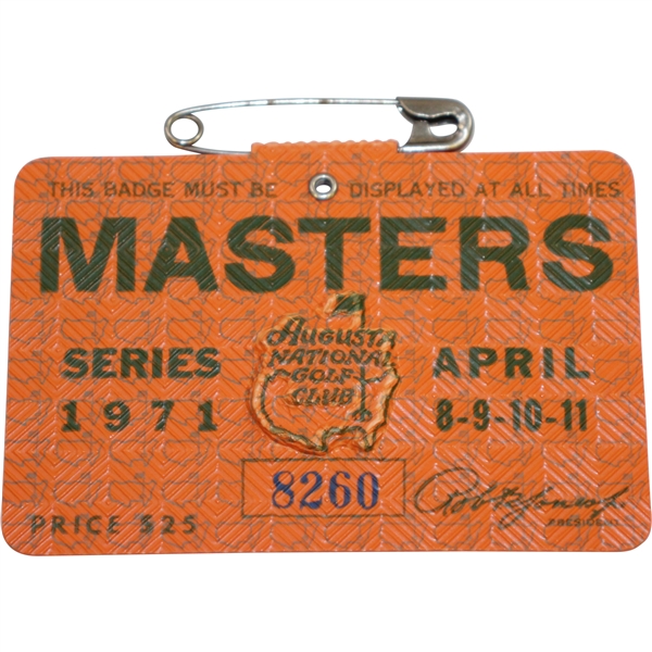 1971 Masters Tournament Series Badge #8260 - Charles Coody Winner