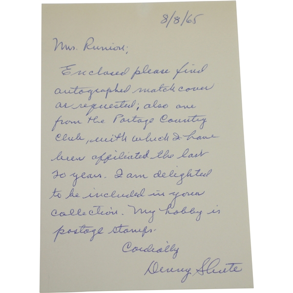 Denny Shute Signed Handwritten Letter for Autograph Request 8/8/65 JSA ALOA