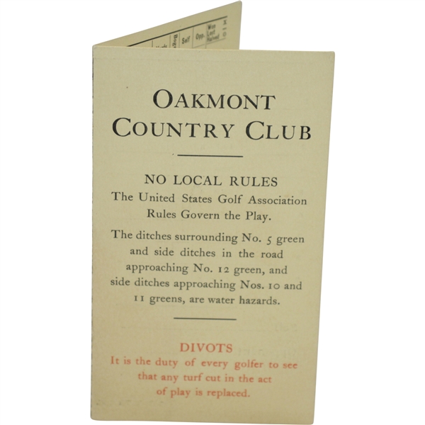1908 Oakmont Country Club Official Scorecard with Stymie Gauge
