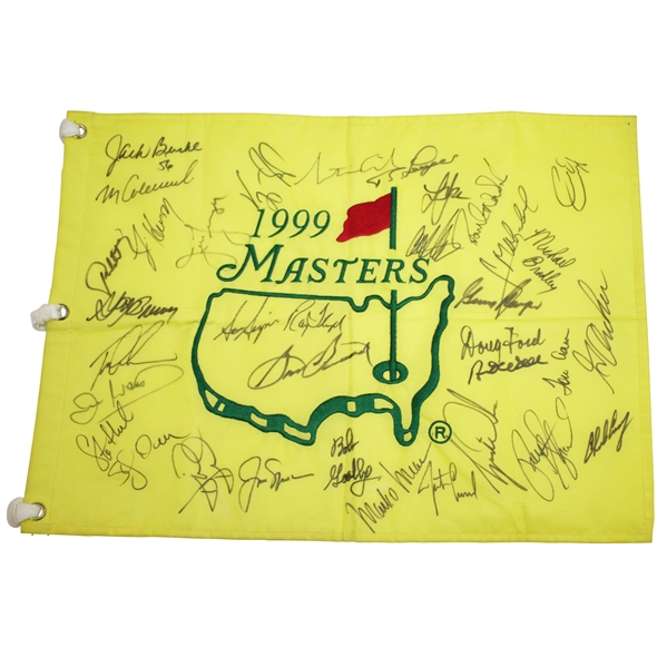 Tiger, Payne, Snead, Jack, & others Signed 1999 Masters Embroidered Flag JSA ALOA