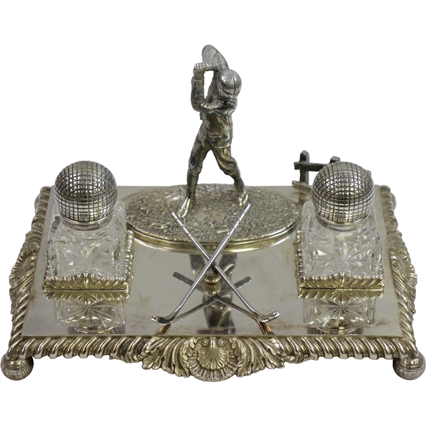 Vintage Ornate Crossed Clubs with Figural Golfer & Two Glass Golf Ball Inkwells