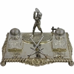 Vintage Ornate Crossed Clubs with Figural Golfer & Two Glass Golf Ball Inkwells