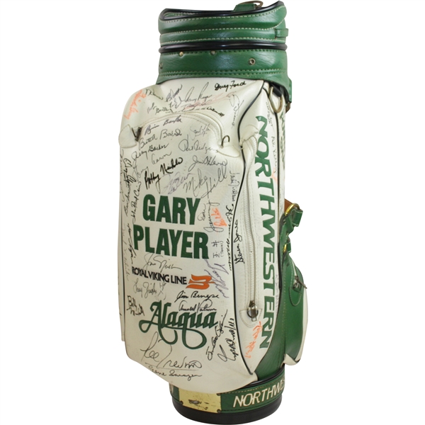 Palmer, Sarazen, Nicklaus, & Dozen others Signed Gary Player Green/White Golf Bag JSA ALOA