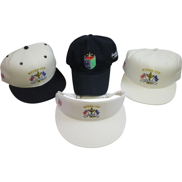 Two Bobby Wadkins Personal Ryder Cup Hats with World Golf HoF Hat & Ryder Cup Visor