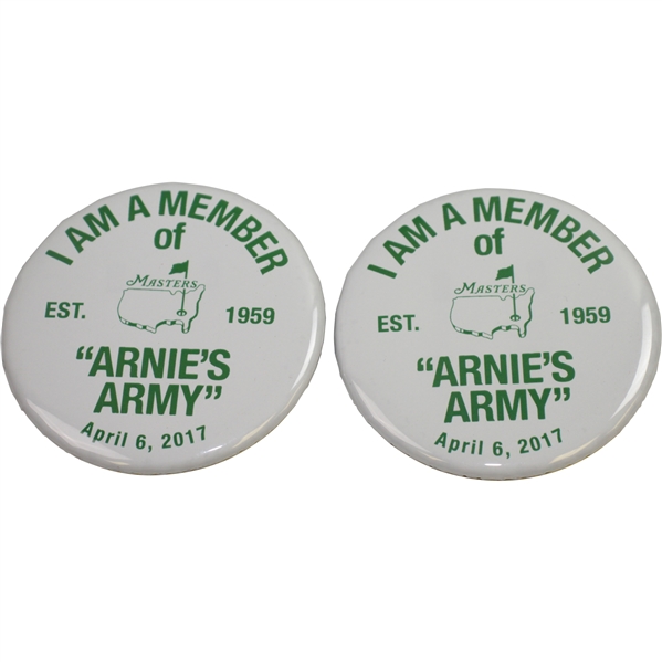 Two "I Am A Member of Arnies Army" 2017 Commemorative Buttons - Bobby Wadkins Collection