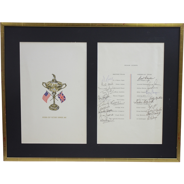 1967 Ryder Cup Victory Dinner Menu Signed by Both Teams - Framed JSA ALOA
