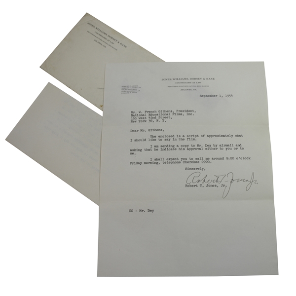 Great Content Robert T. Jones Jr. (Bobby) Signed Letter Nat. Ed. Films, Inc for USGA Sportsmanship JSA ALOA
