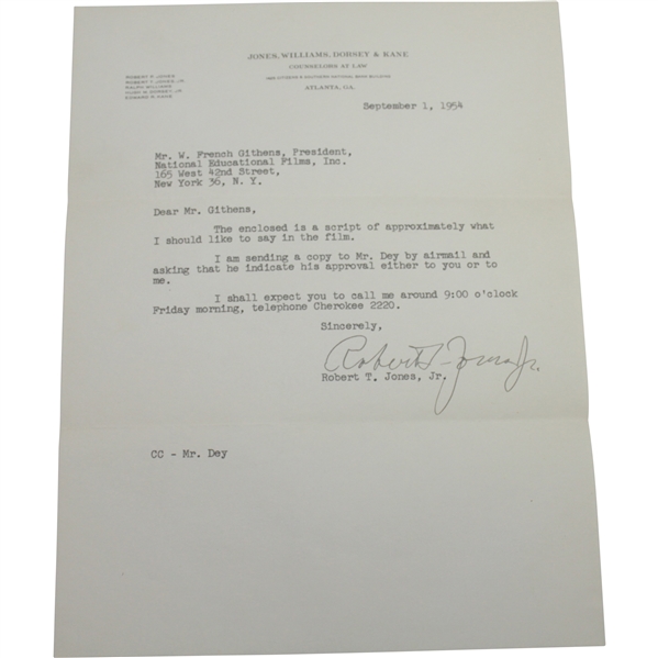 Great Content Robert T. Jones Jr. (Bobby) Signed Letter Nat. Ed. Films, Inc for USGA Sportsmanship JSA ALOA