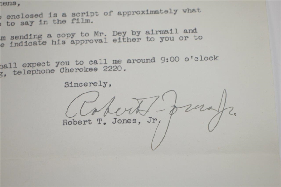 Great Content Robert T. Jones Jr. (Bobby) Signed Letter Nat. Ed. Films, Inc for USGA Sportsmanship JSA ALOA