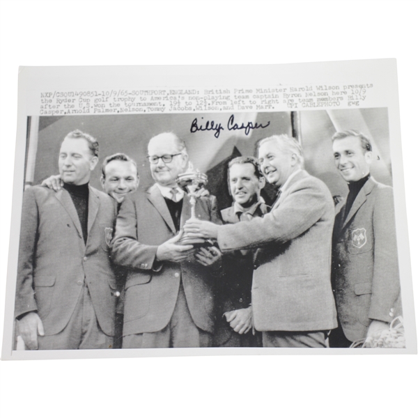 Billy Casper Signed 1965 UPI Wire Photo of Ryder Cup Captain Byron Nelson with Arnold Palmer JSA ALOA