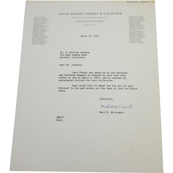 1961 Letter Signed by Mark McCormack on Representation of Gary Player