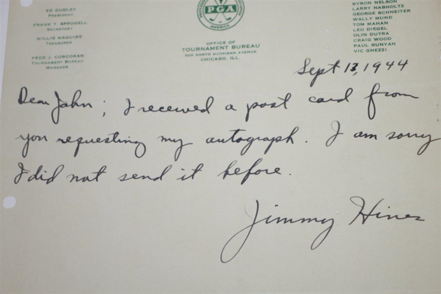 Jimmy Hines Signed & Dated 1944 Hand-Written Note on PGA Letterhead JSA ALOA