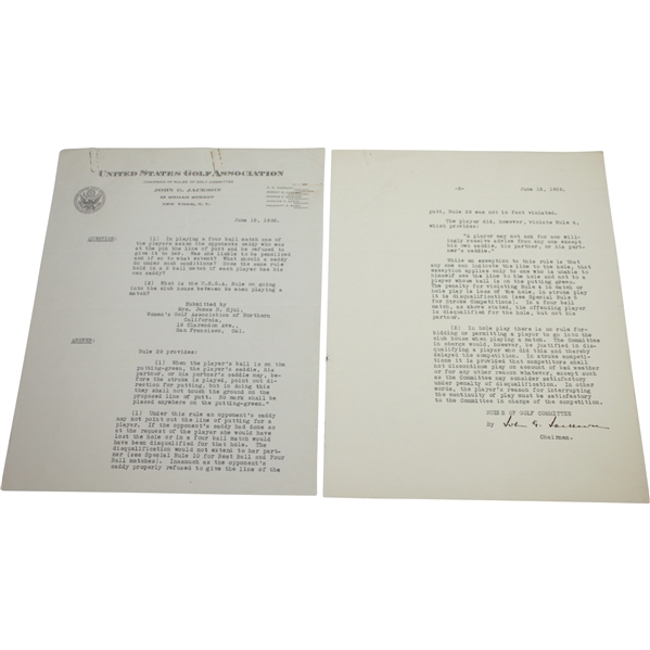 1932 U.S.G.A. Two-Page Letter Signed by Chairman of Rules Committee - Heavy Content
