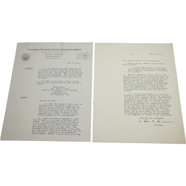 1932 U.S.G.A. Two-Page Letter Signed by Chairman of Rules Committee - Heavy Content