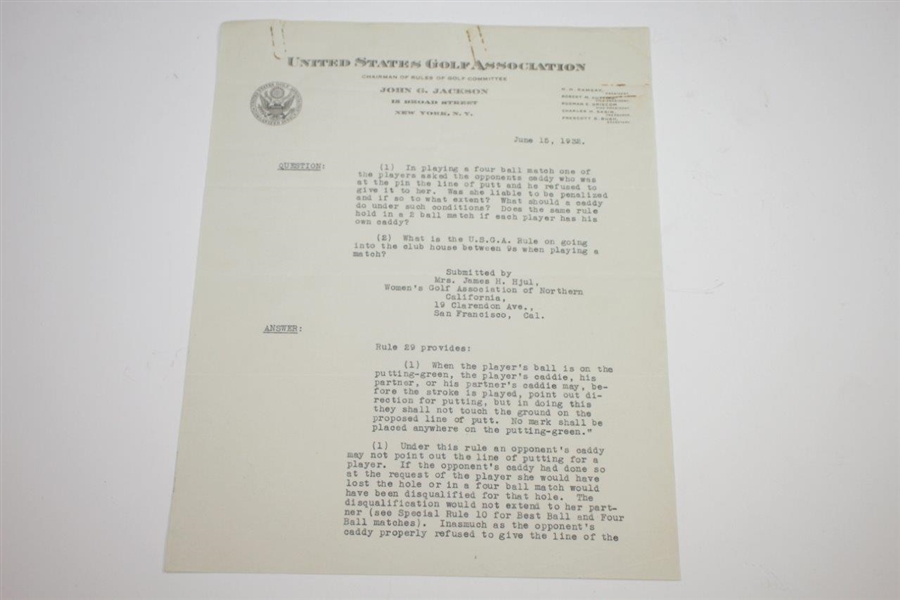 1932 U.S.G.A. Two-Page Letter Signed by Chairman of Rules Committee - Heavy Content