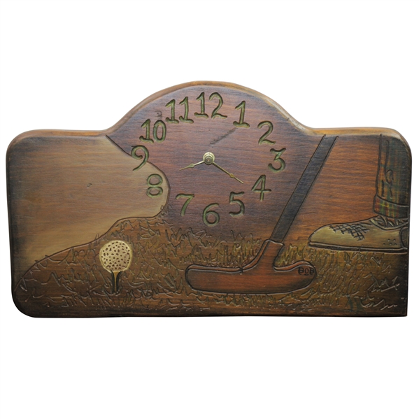 Vintage Handmade Carved Golf Stained Wood Clock from 1912 Studebacker Panel