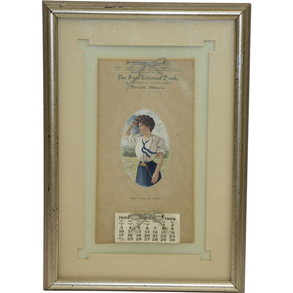Vintage 1909 The First National Bank Calendar with The Golf Girl - Dwight, Ill. - Framed