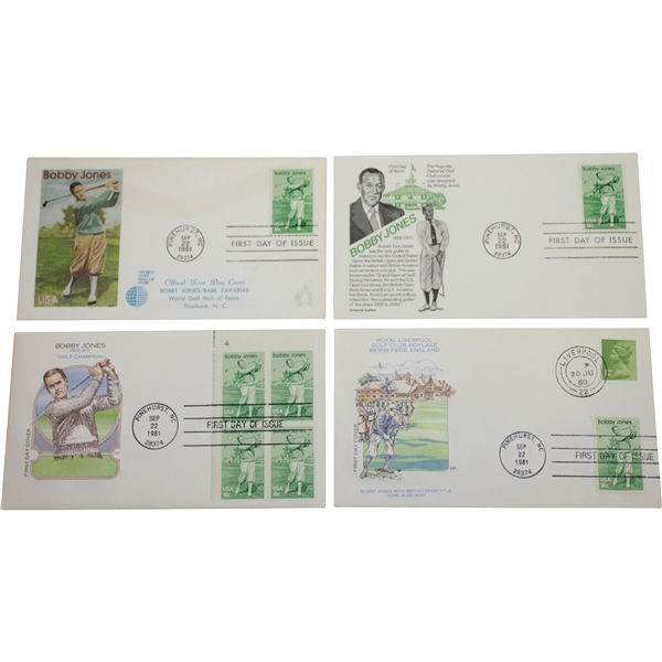 Four (4) Bobby Jones First Day Issue Cachets - Augusta, OPEN, Hall of Fame, Champion