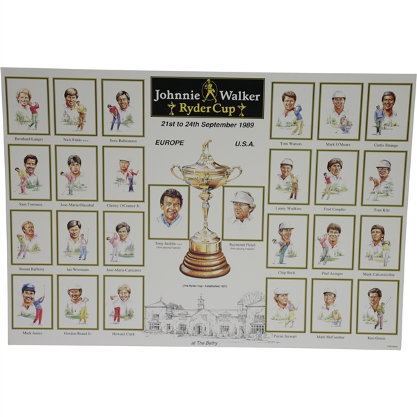 Uncut Golf Card Sheet 1989 Johnnie Walker Ryder Cup Team Members & Captains