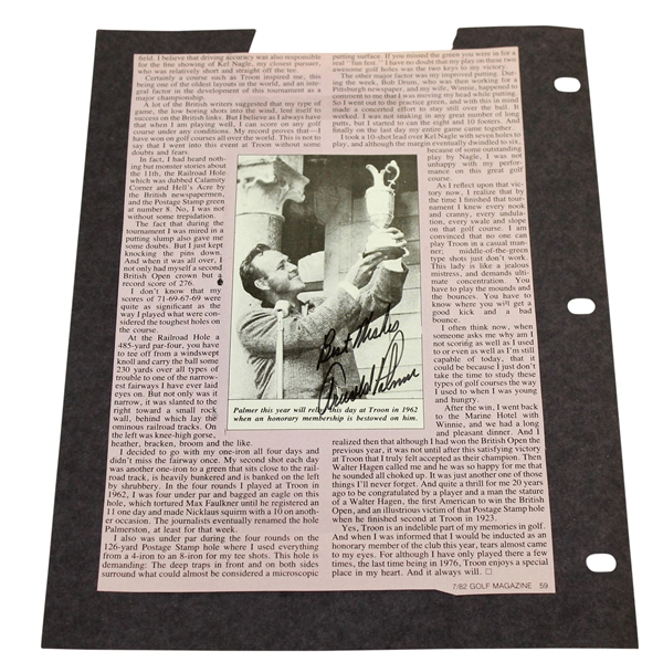 Arnold Palmer Signed Golf Magazine Page Photo - Holding Claret in 1962 JSA ALOA