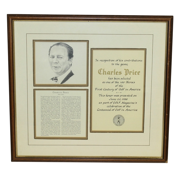 Charles Prices 1988 One of 100 Heroes of the First Century of Golf Award - Framed