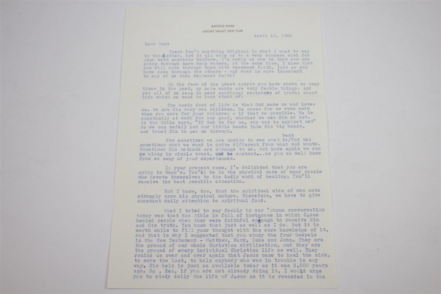 Ken Venturi's Personal 1965 Signed Letter from Joe Dye - Recovery/Religion Content 