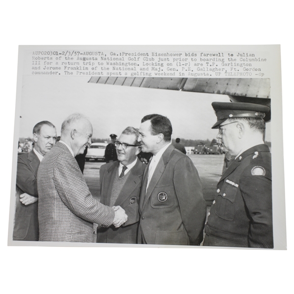 President Eisenhower Bids Farewell to Augusta National's Julian Roberts 9 1/8x7 Wire Photo 2/3/57