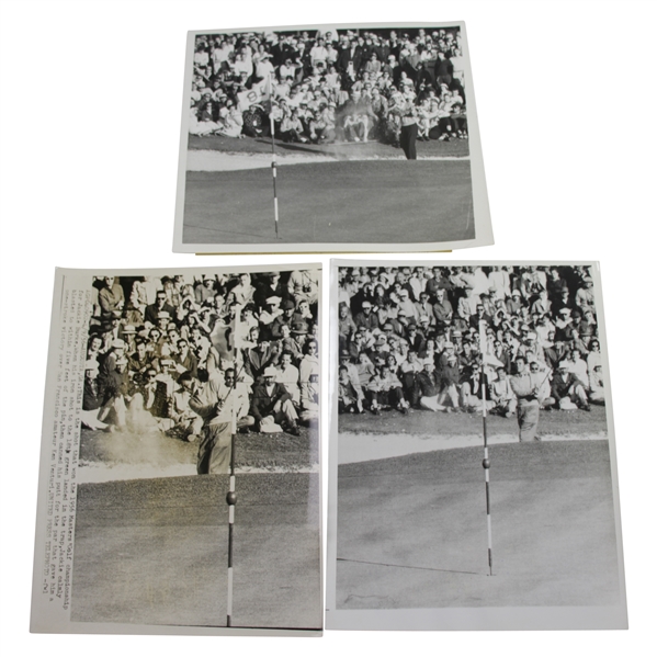 Three (3) Jack Burke Hitting Out of Hole No. 18 Bunker En Route to 1956 Masters Win 7x9 1/8 Wire Photos