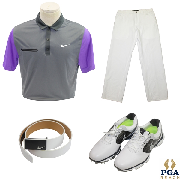 Rory McIlroys Donated Duplicate 2014 PGA Championship Final Day Golf Shirt, Pants, Belt, & Shoes