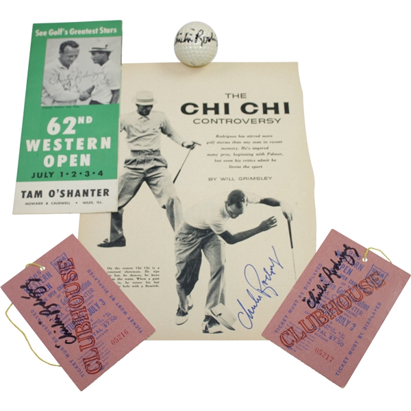 Five (5) Chi Chi Rodriguez Signed Items - Golf Ball, Tickets(x2), Pamphlet, Magazine Page JSA ALOA