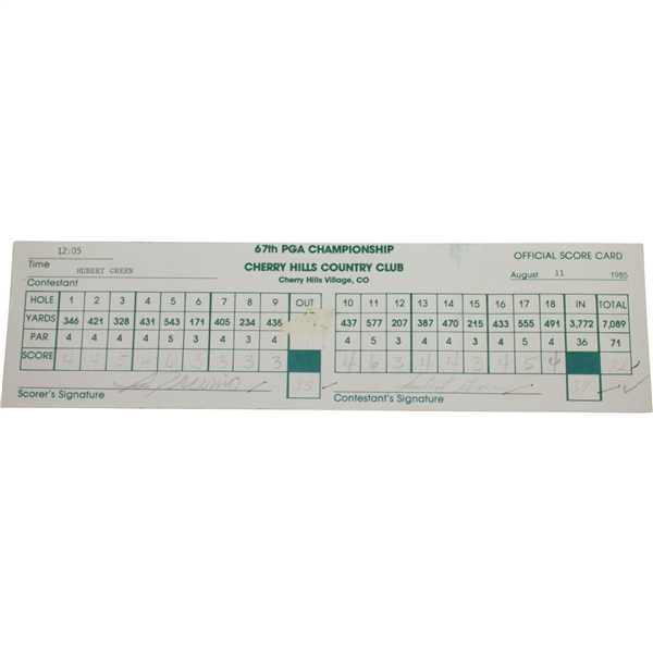 Hubert Green Signed Official Used 1985 PGA Championship FINAL RD Scorecard JSA ALOA