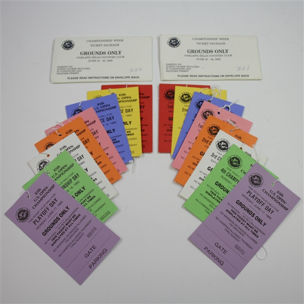 Two Complete 1985 US Open at Oakland Hills Ticket Sets in Original Envelopes